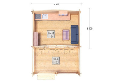 Дачный дом серия "ДСВ" 4.5×3.5 с верандой 2,5м.