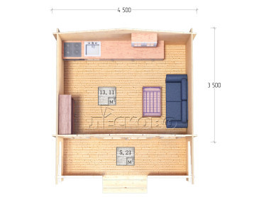 Дачный дом серия "ДСК" 4.5×3.5 с верандой 2,5м.