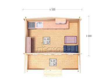 Дачный дом серия "ДСК" 4.5×3 с верандой 2,5м.