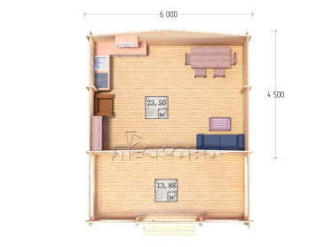 Дачный дом серия "ДСВ" 6×4.5 с верандой 2,5м.