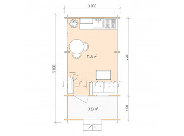 Дачный дом серия "ДСК" 3×4.5 с навесом 1,5м. и крыльцом 1,3м.