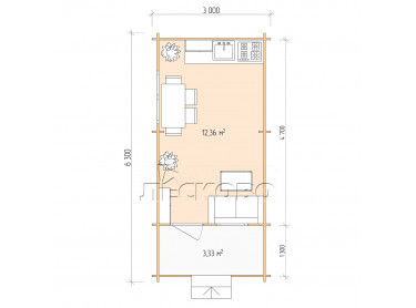 Дачный дом серия "ДСК" 3×5 с навесом 1,5м. и крыльцом 1,3м.
