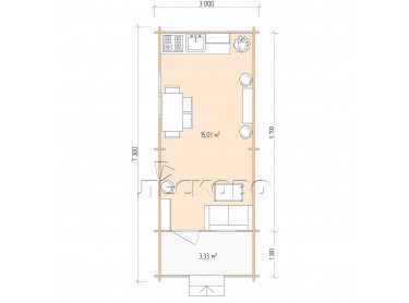 Дачный дом серия "ДСК" 3×6 с навесом 1,5м. и крыльцом 1,3м.