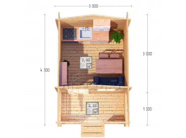Дачный дом серия "ДСК" 3×3 с навесом 1,5м. и крыльцом 1,3м.