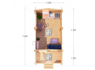 Дачный дом серия "ДСК" 3×4.5 с навесом 1,5м. и крыльцом 1,3м.