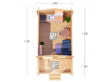 Дачный дом серия "ДСК" 3×4 с навесом 1,5м. и крыльцом 1,3м.