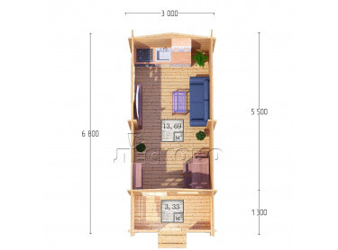 Дачный дом серия "ДСК" 3×5.5 с навесом 1,5м. и крыльцом 1,3м.