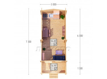 Дачный дом серия "ДСК" 3×6 с навесом 1,5м. и крыльцом 1,3м.