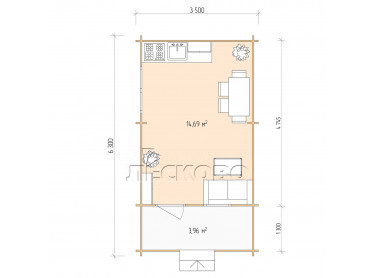 Дачный дом серия "ДСК" 3.5×5 с навесом 1,5м. и крыльцом 1,3м.