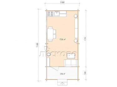 Дачный дом серия "ДСК" 3.5×6 с навесом 1,5м. и крыльцом 1,3м.