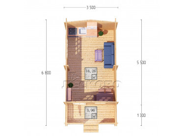 Дачный дом серия "ДСК" 3.5×5.5 с навесом 1,5м. и крыльцом 1,3м.