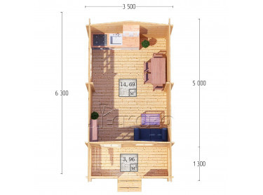 Дачный дом серия "ДСК" 3.5×5 с навесом 1,5м. и крыльцом 1,3м.