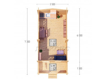 Дачный дом серия "ДСК" 3.5×6 с навесом 1,5м. и крыльцом 1,3м.