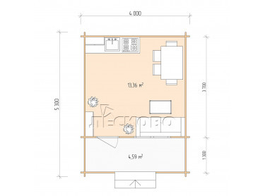 Дачный дом серия "ДСК" 4×4 с навесом 1,5м. и крыльцом 1,3м.