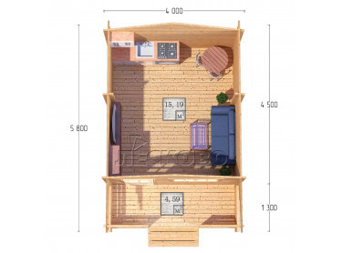 Дачный дом серия "ДСК" 4×4.5 с навесом 1,5м. и крыльцом 1,3м.