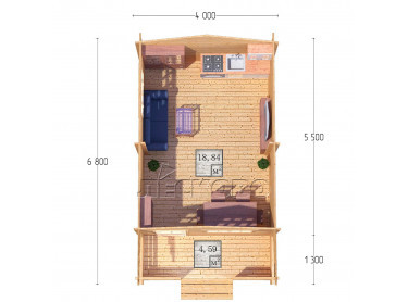 Дачный дом серия "ДСК" 4×5.5 с навесом 1,5м. и крыльцом 1,3м.