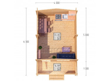 Дачный дом серия "ДСК" 4×5 с навесом 1,5м. и крыльцом 1,3м.