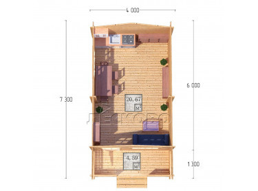 Дачный дом серия "ДСК" 4×6 с навесом 1,5м. и крыльцом 1,3м.