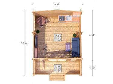 Дачный дом серия "ДСК" 4.5×4.5 с навесом 1,5м. и крыльцом 1,3м.