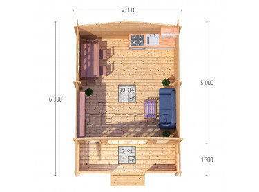 Дачный дом серия "ДСК" 4.5×5 с навесом 1,5м. и крыльцом 1,3м.