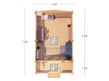 Дачный дом серия "ДСК" 4.5×6 с навесом 1,5м. и крыльцом 1,3м.
