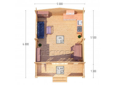 Дачный дом серия "ДСК" 5×5.5 с навесом 1,5м. и крыльцом 1,3м.