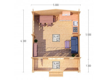 Дачный дом серия "ДСК" 5×5 с навесом 1,5м. и крыльцом 1,3м.