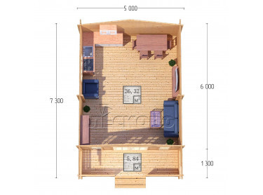 Дачный дом серия "ДСК" 5×6 с навесом 1,5м. и крыльцом 1,3м.