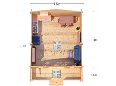 Дачный дом серия "ДСК" 5.5×6 с навесом 1,5м. и крыльцом 1,3м.
