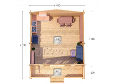 Дачный дом серия "ДСК" 6×6 с навесом 1,5м. и крыльцом 1,3м.