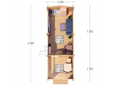 Дачный дом серия "ДСВ" 3×5.5 с верандой 2,5м.