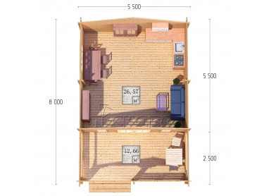 Дачный дом серия "ДСВ" 5.5×5.5 с верандой 2,5м.
