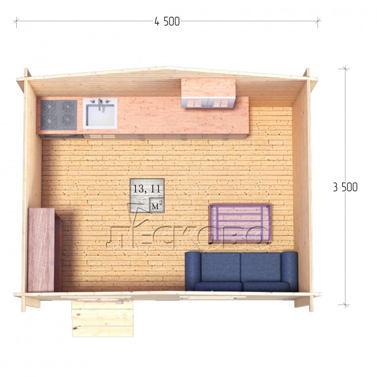 Дачный дом серия "ДСН" 4.5×3.5 с навесом 1,5м.