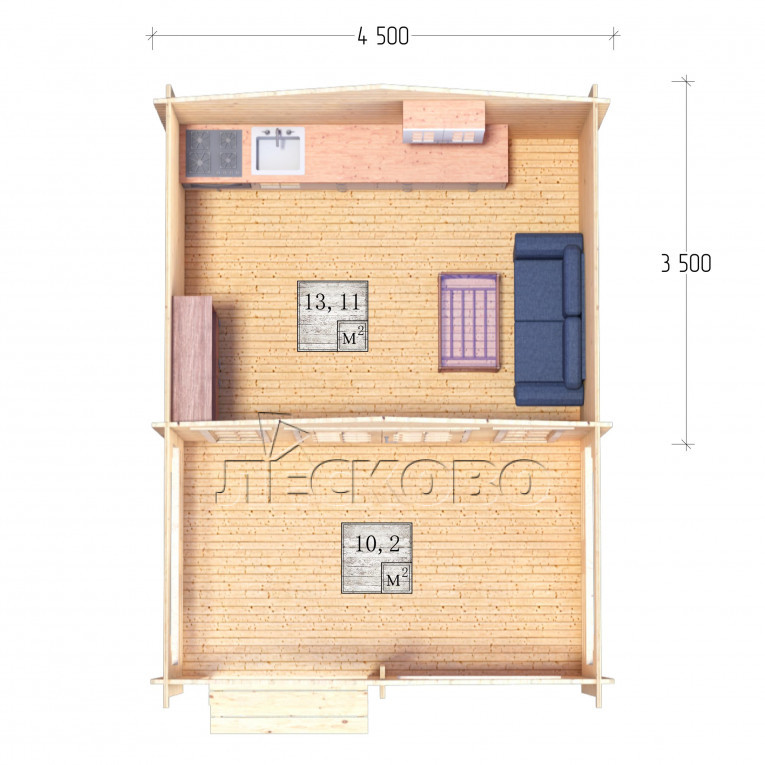 Дачный дом серия "ДСВ" 4.5×3.5 с верандой 2,5м.
