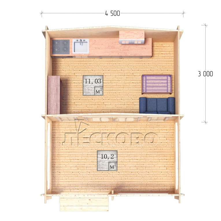 Дачный дом серия "ДСВ" 4.5×3 с верандой 2,5м.