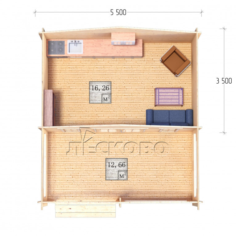 Дачный дом серия "ДСВ" 5.5×3.5 с верандой 2,5м.