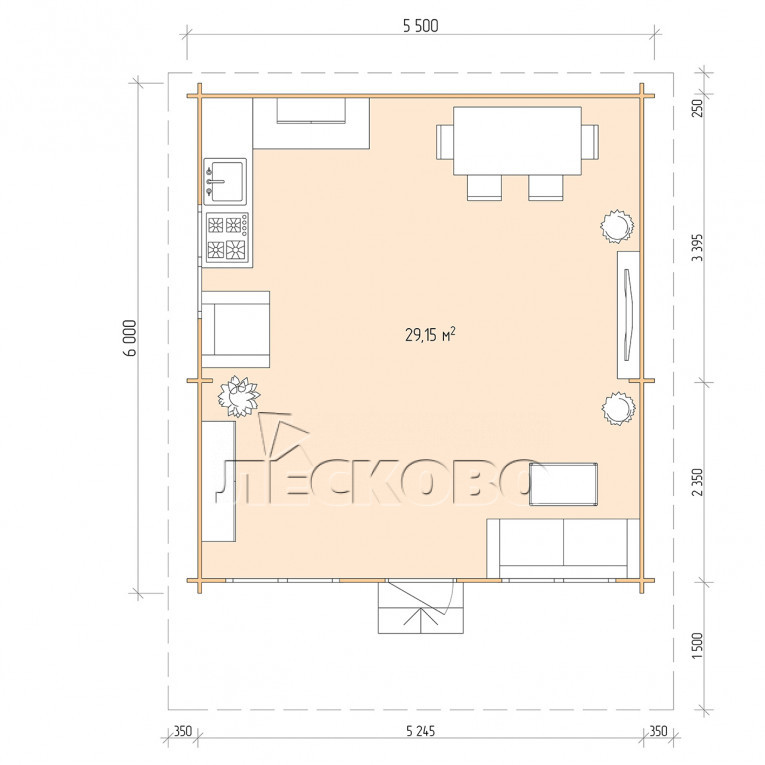 Планировка Дачный дом серия "ДСН" 5.5×6 с навесом 1,5м.