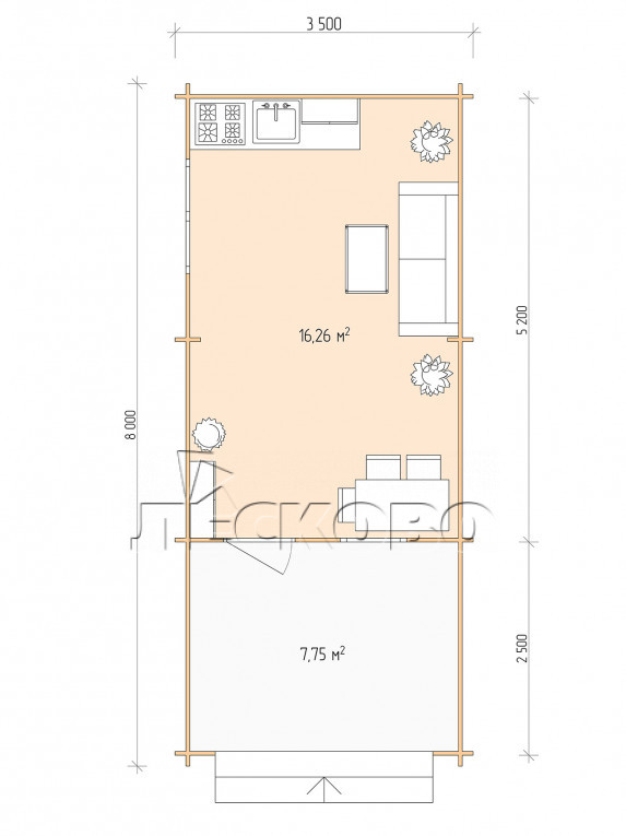 Планировка Дачный дом серия "ДСВ" 3.5×5.5 с верандой 2,5м.