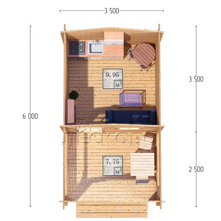 Дачный дом серия "ДСВ" 3.5×3.5 с верандой 2,5м.