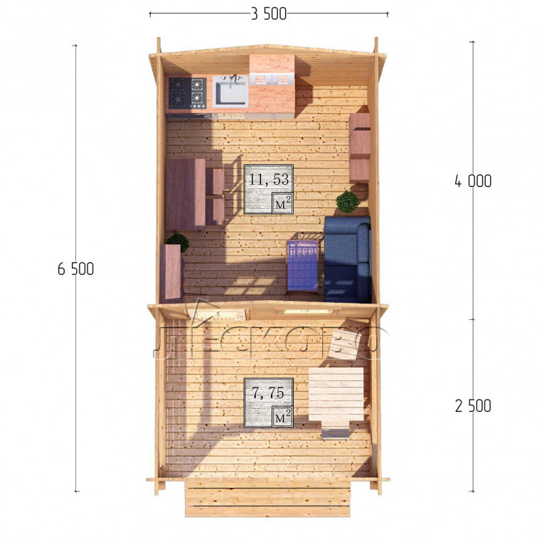 Дачный дом серия "ДСВ" 3.5×4 с верандой 2,5м.