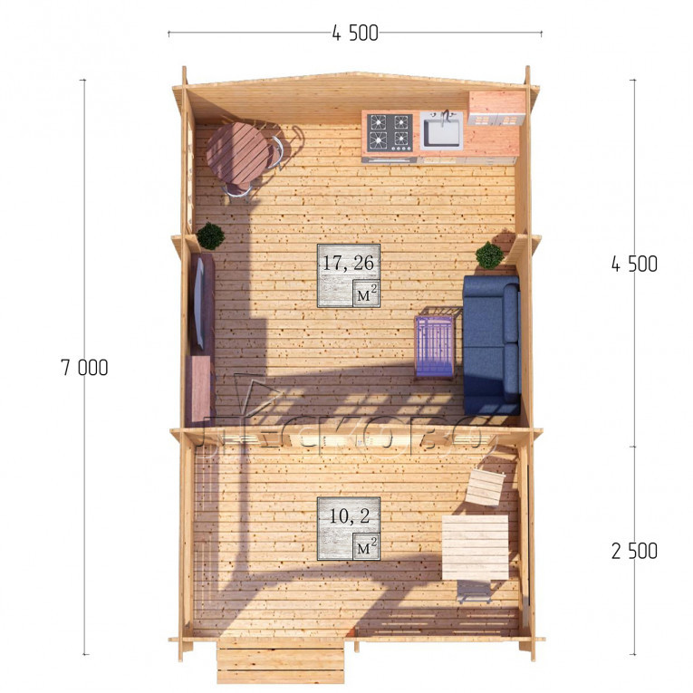 Дачный дом серия "ДСВ" 4.5×4.5 с верандой 2,5м.