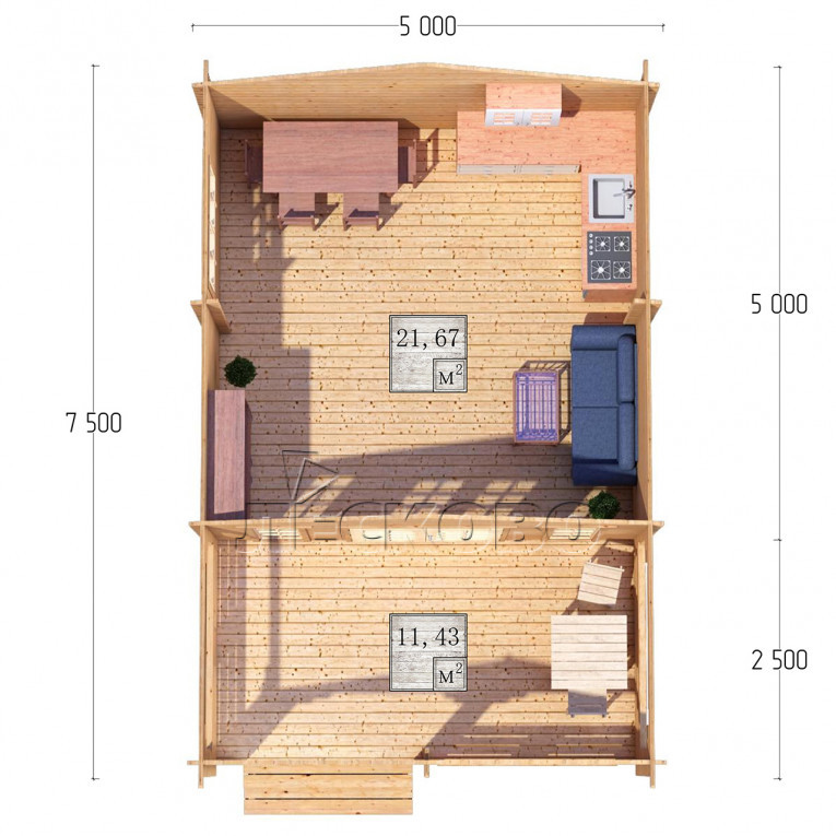 Дачный дом серия "ДСВ" 5×5 с верандой 2,5м.